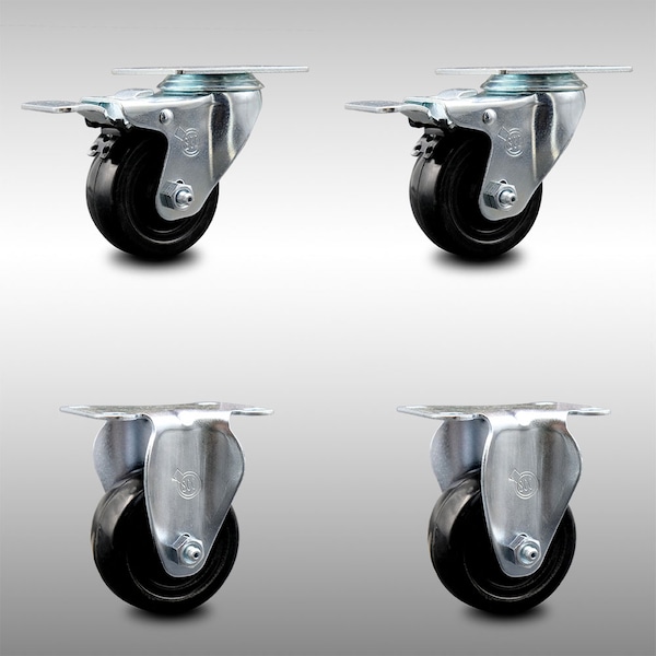 3 Inch SS Hard Rubber Wheel Swivel Top Plate Caster Lock Brake 2 Rigid SCC, 2PK